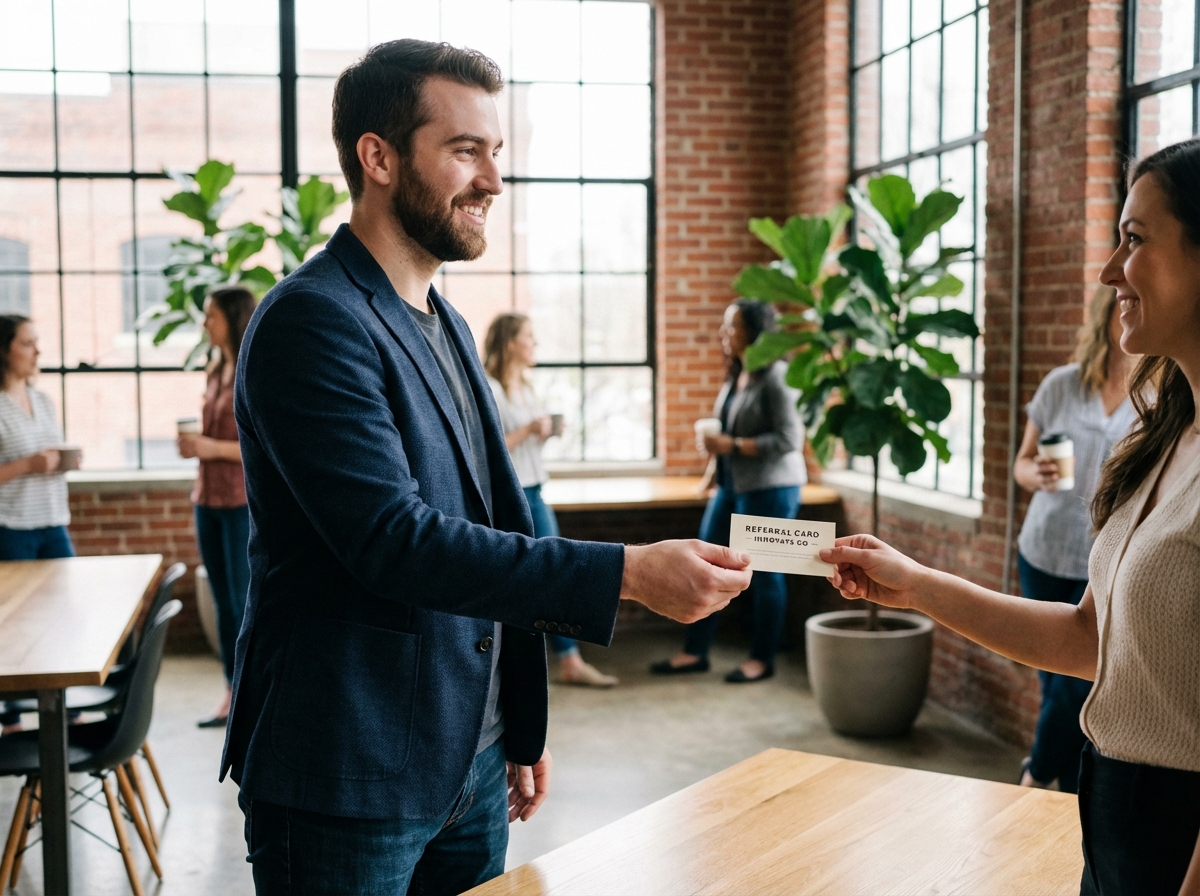 Jeune entrepreneur échange une carte de recommandation dans un espace de coworking