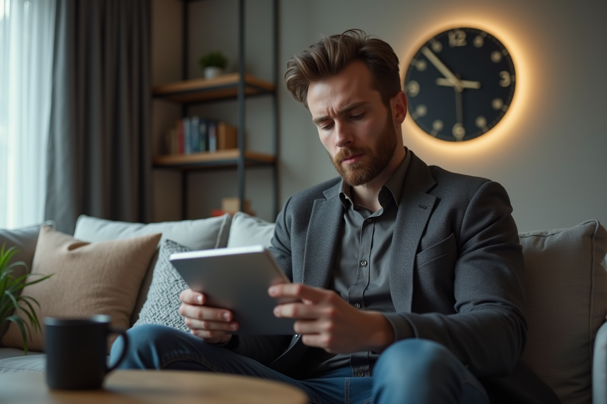 Jeune entrepreneur sur un canapé dans un salon moderne utilisant une tablette