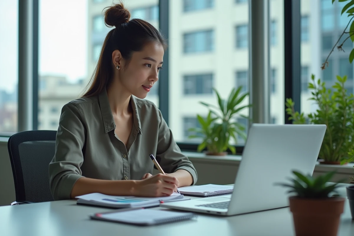 Jeune femme en bureau analysant des graphiques sur son ordinateur