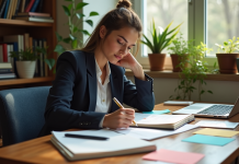 Conseils pour formuler une idée de projet : réussir sa création d’entreprise Jeune femme en bureau cosy esquissant des idées dans un carnet