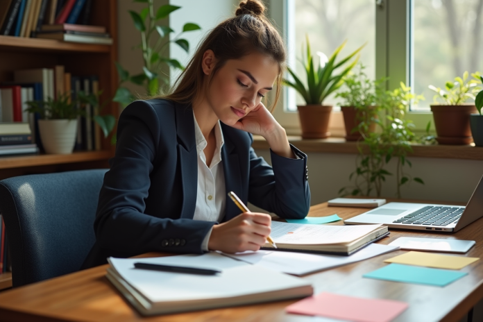 jeune-femme-bureau-idees Jeune femme en bureau cosy esquissant des idées dans un carnet