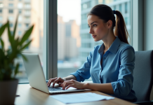 Jeune femme professionnelle travaillant sur son ordinateur en bureau