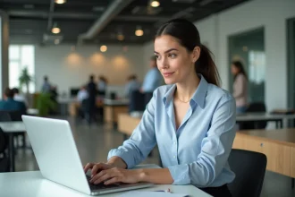 Jeune femme professionnelle au bureau avec ordinateur