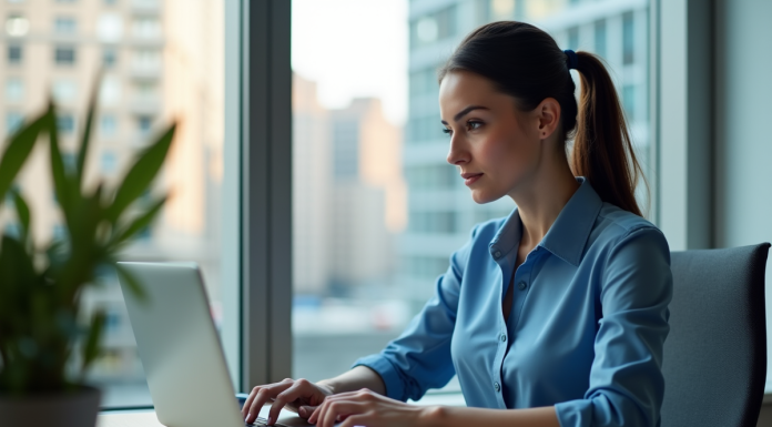 Jeune femme professionnelle travaillant sur son ordinateur en bureau
