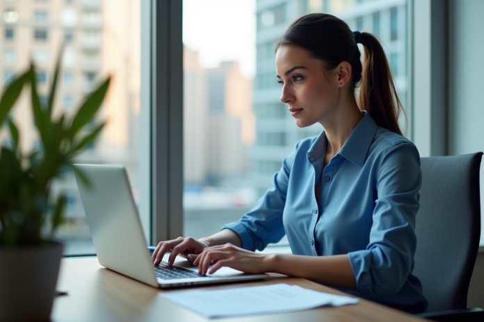 Jeune femme professionnelle travaillant sur son ordinateur en bureau