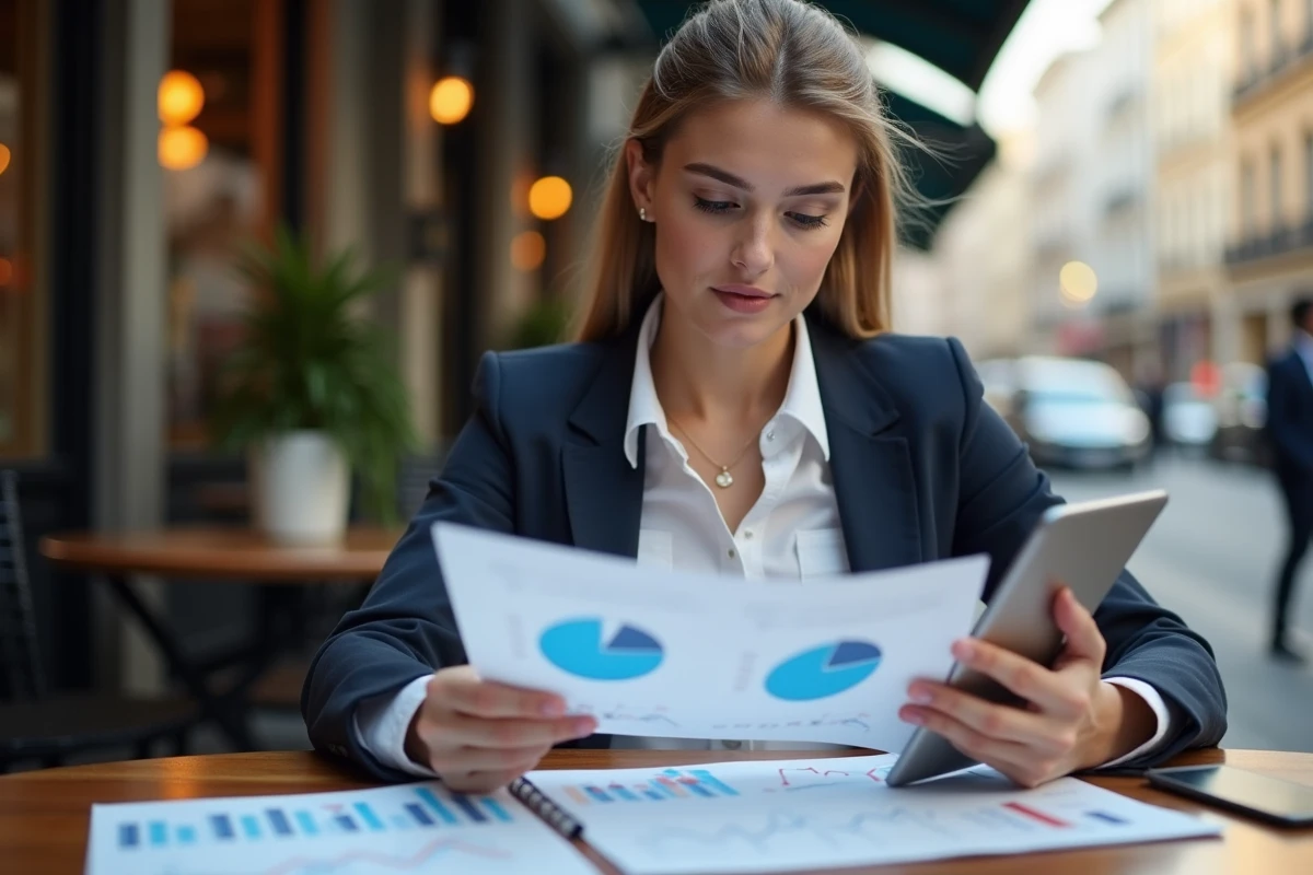 Jeune femme analysant des graphiques dans un café urbain