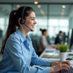 Jeune femme souriante en centre d'appel moderne