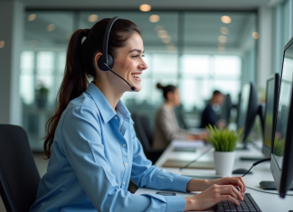 Jeune femme souriante en centre d'appel moderne