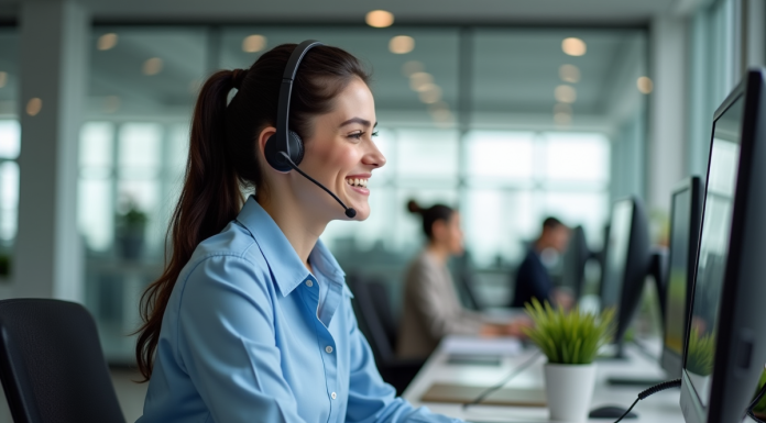 Jeune femme souriante en centre d'appel moderne