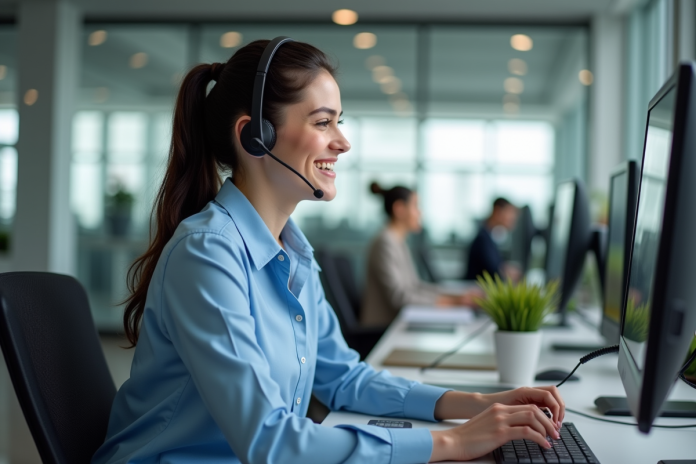Jeune femme souriante en centre d'appel moderne