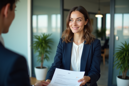 Jeune femme confiante remettant son CV au réceptionniste