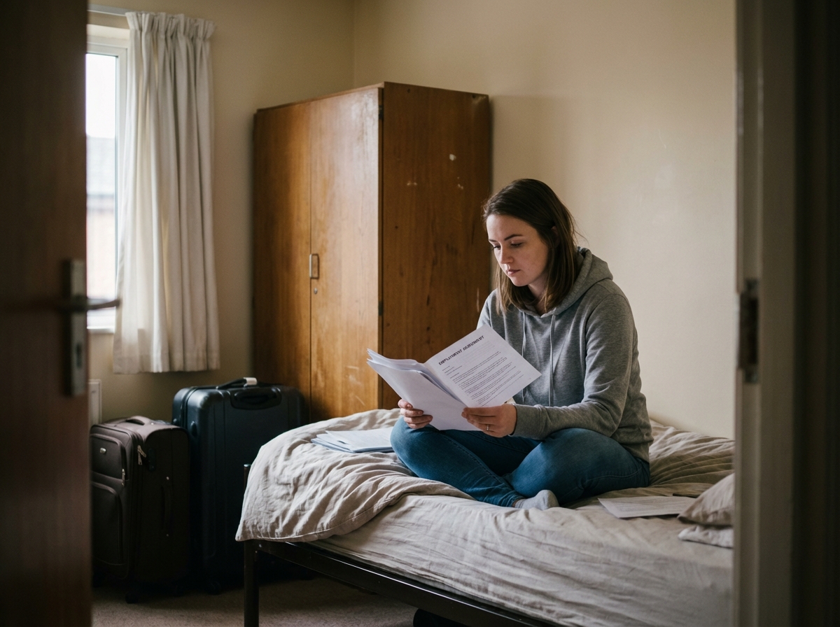 Jeune femme examinant un contrat dans une chambre partagée