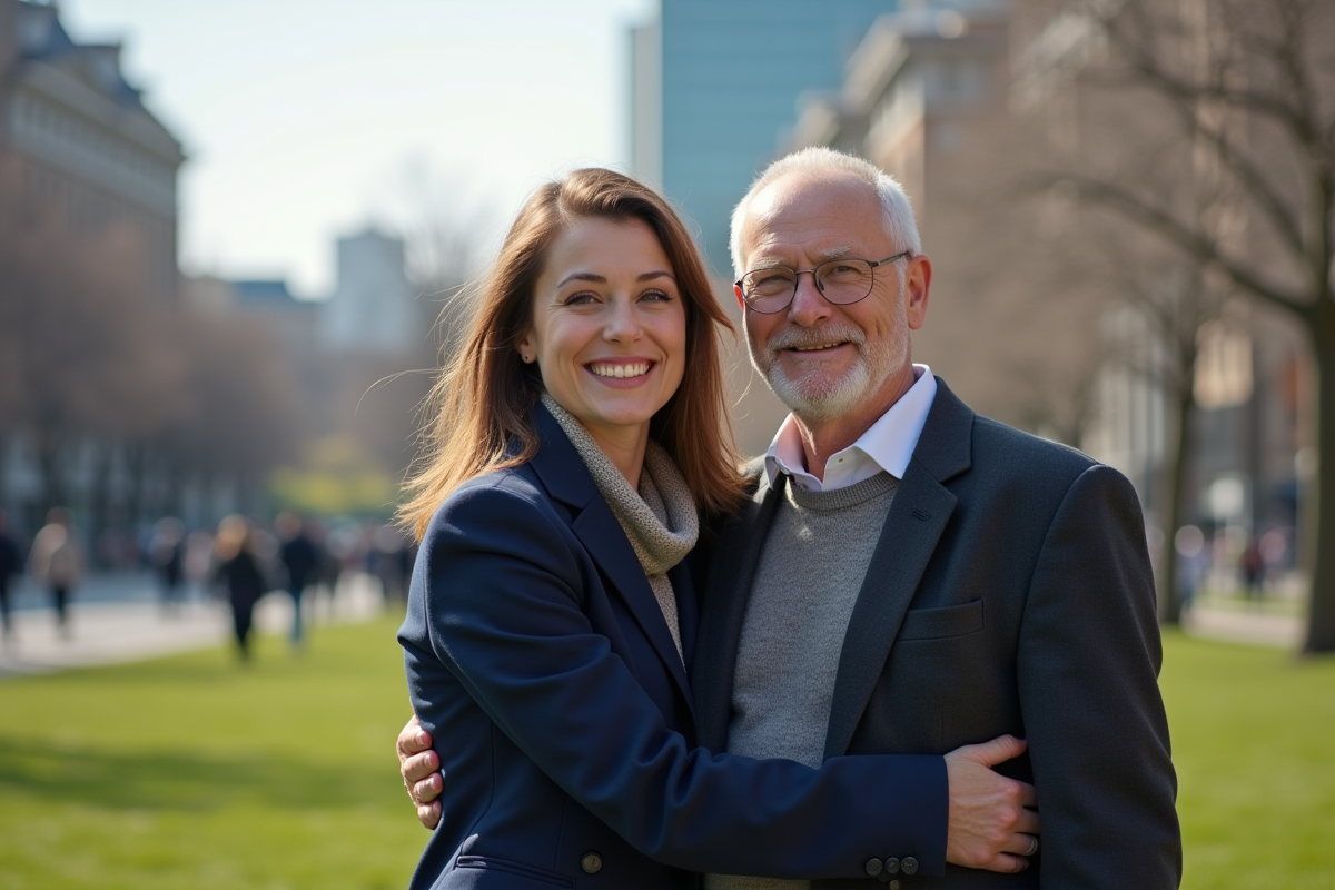 Jeune femme embrassant un homme âgé dans un parc urbain