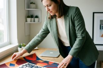 Jeune femme en bureau regardant un poster abstrait créatif