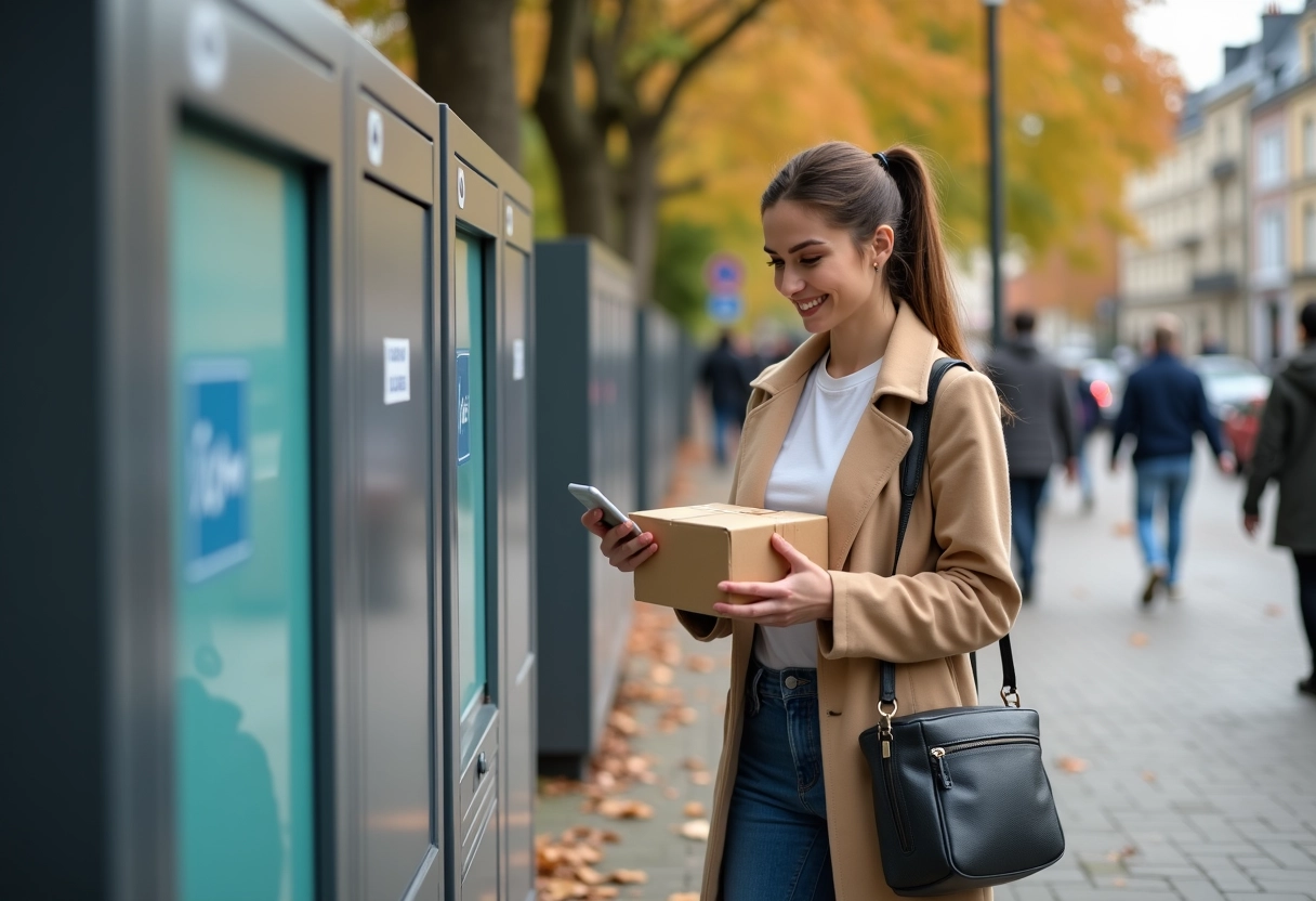 Jeune femme récupérant un colis dans une box à Lille