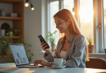 Jeune femme souriante avec smartphone et ordinateur portable