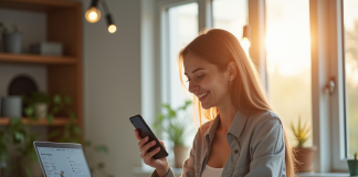 Jeune femme souriante avec smartphone et ordinateur portable