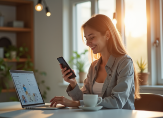 Gagner de l’argent avec 1000 abonnés Instagram : combien gagne-t-on ? Jeune femme souriante avec smartphone et ordinateur portable