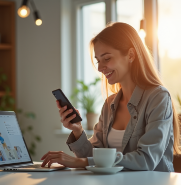 Jeune femme souriante avec smartphone et ordinateur portable