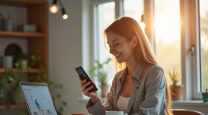 Jeune femme souriante avec smartphone et ordinateur portable