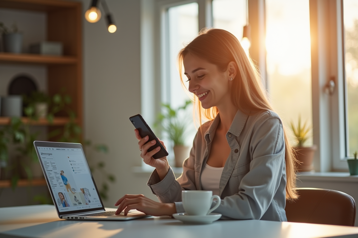 Jeune femme souriante avec smartphone et ordinateur portable