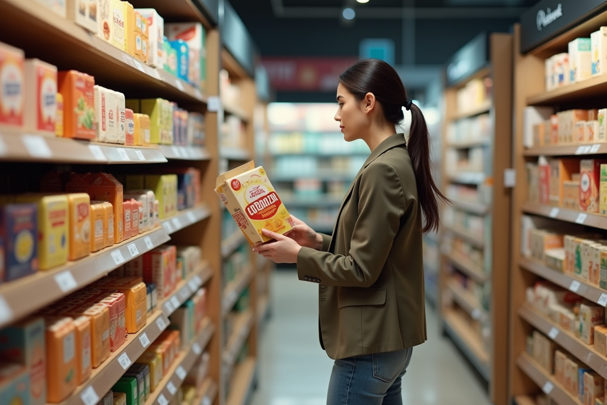 Jeune femme examine un affichage de boisson dans un supermarche