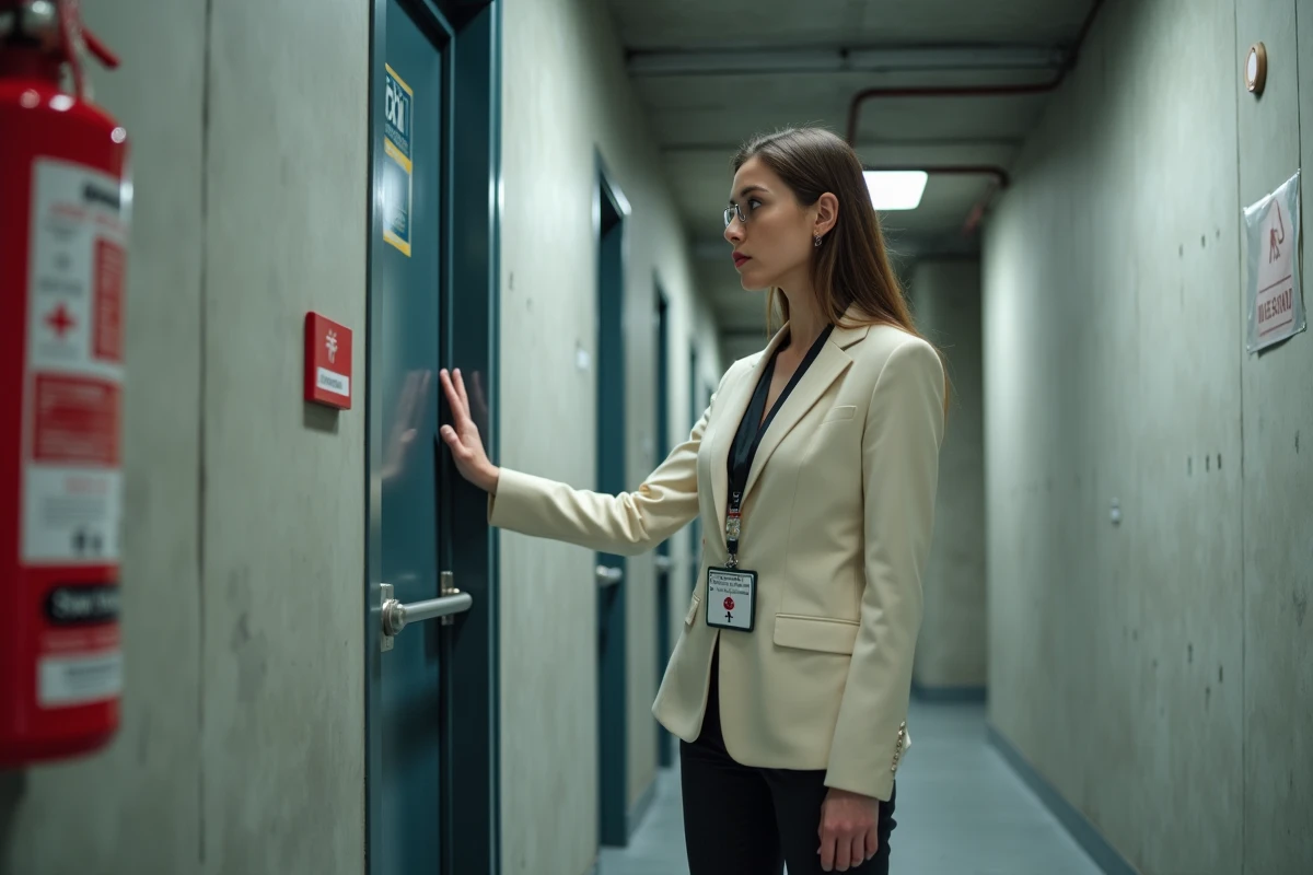 Jeune femme testant une porte de secours dans un couloir industriel