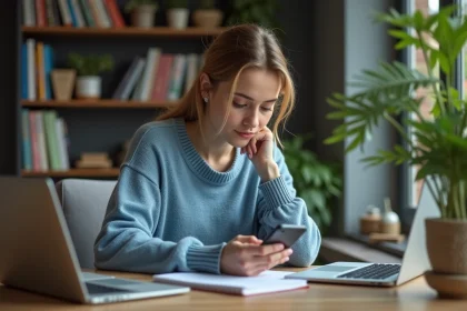 Jeune femme freelance travaillant sur son smartphone dans un bureau cosy
