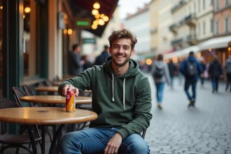 Jeune homme européen souriant dans un café viennois