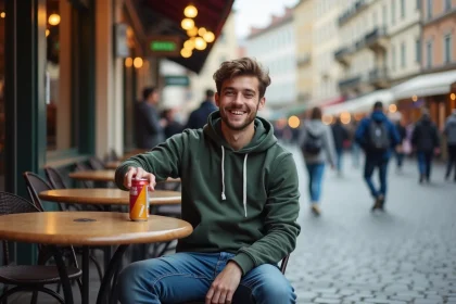Jeune homme européen souriant dans un café viennois