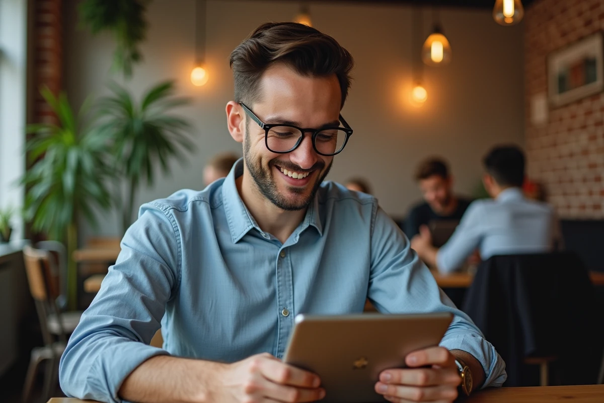 Jeune homme au café regardant des avis clients sur une tablette