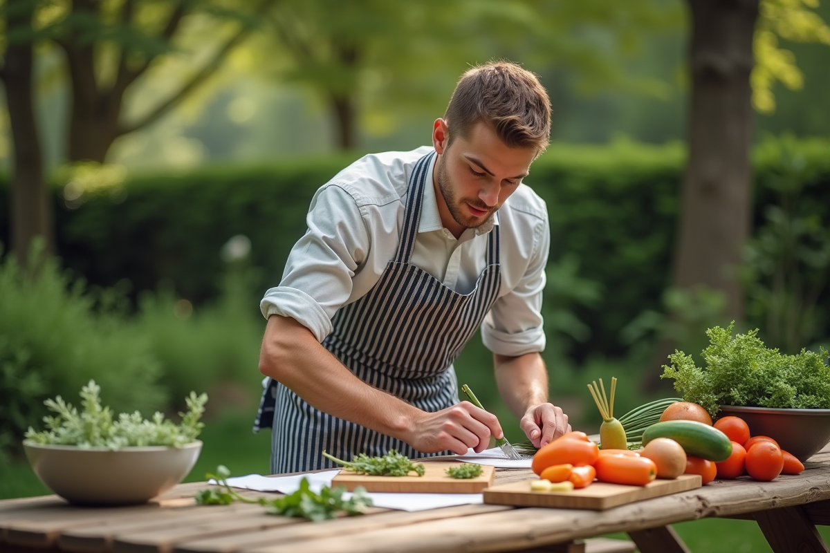 Jeune homme organisant des ingrédients dans un jardin en plein air