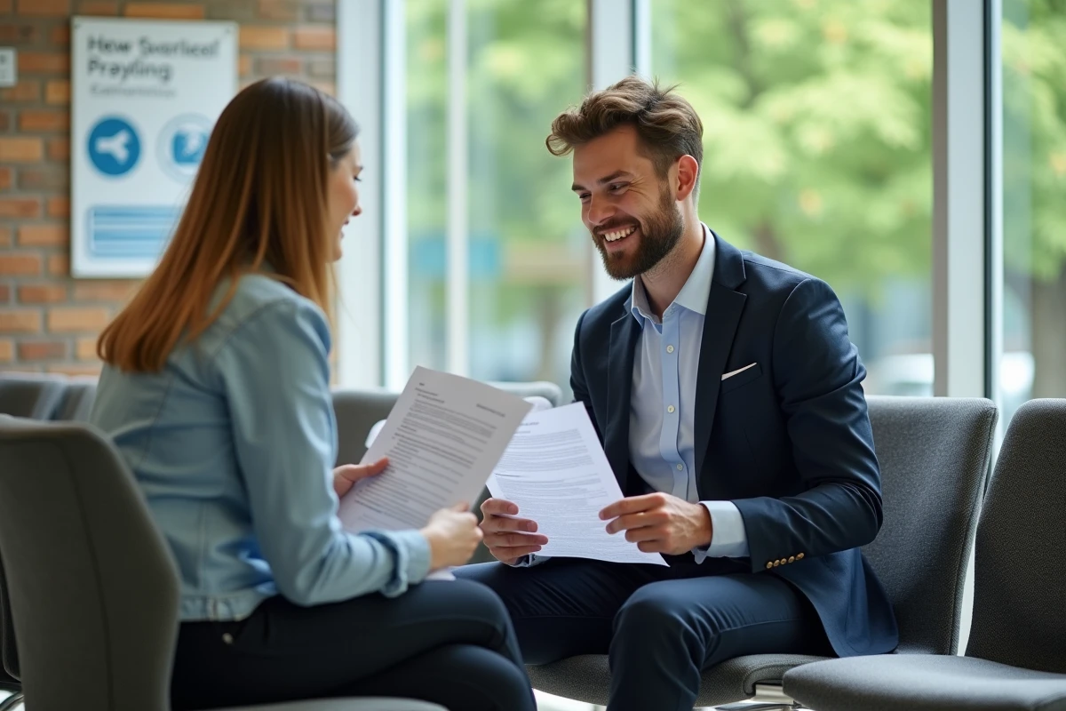 Jeune homme examine des documents avec un conseiller dans une salle d