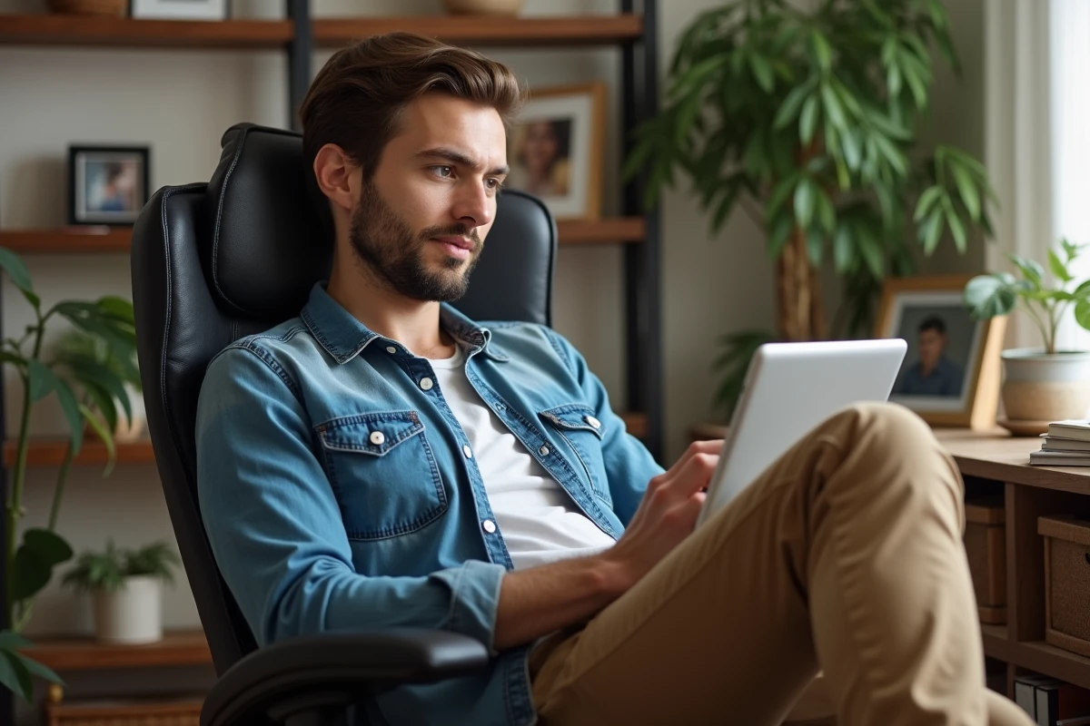 Jeune homme en tenue d&eacute;contract&eacute;e utilisant une tablette dans un bureau &agrave; domicile