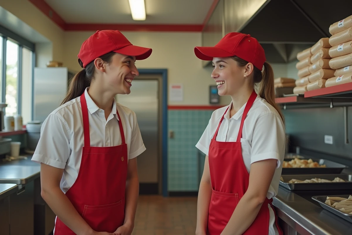 Deux jeunes employés de fast food en uniforme discutant en cuisine après leur service