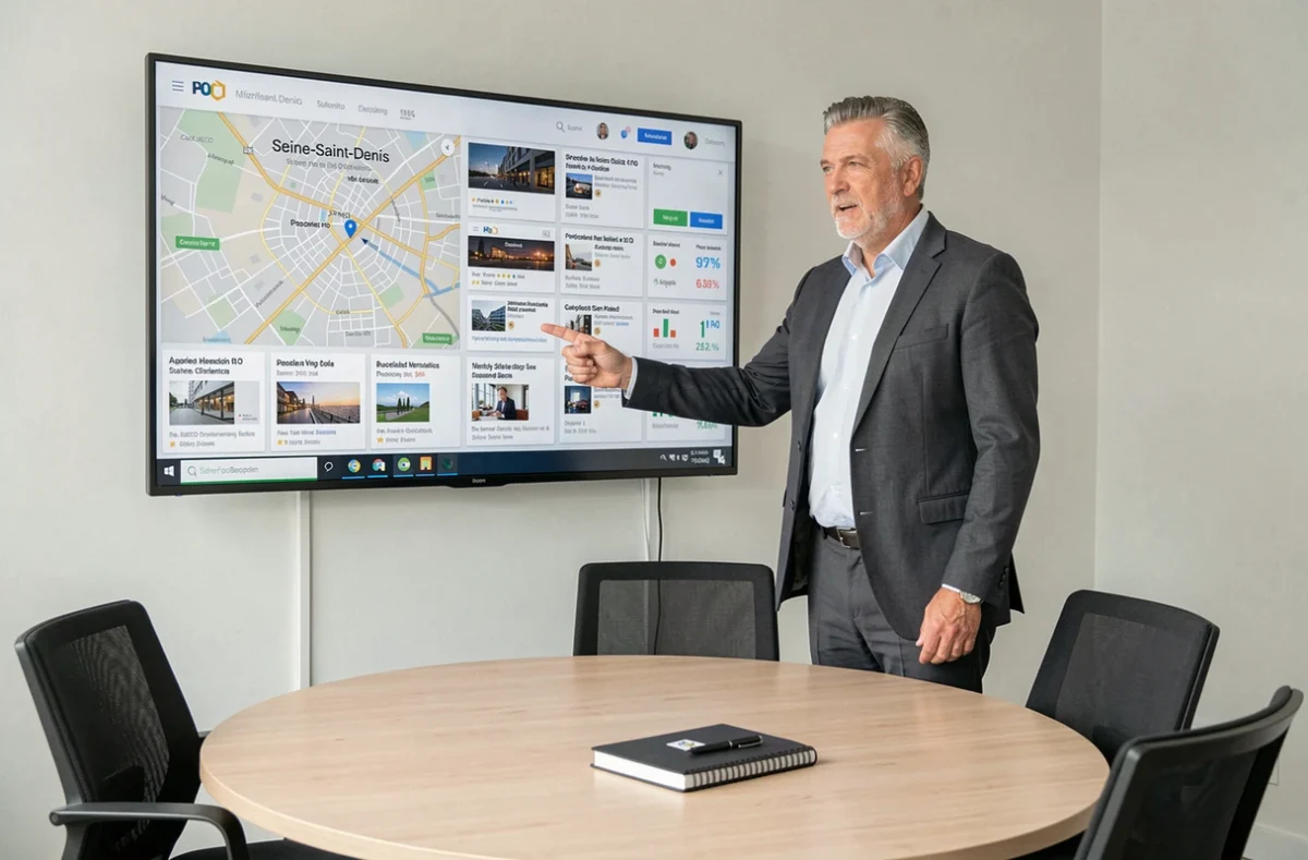 Consultant de Linkeo Seine-Saint-Denis présentant une stratégie de référencement local sur carte numérique