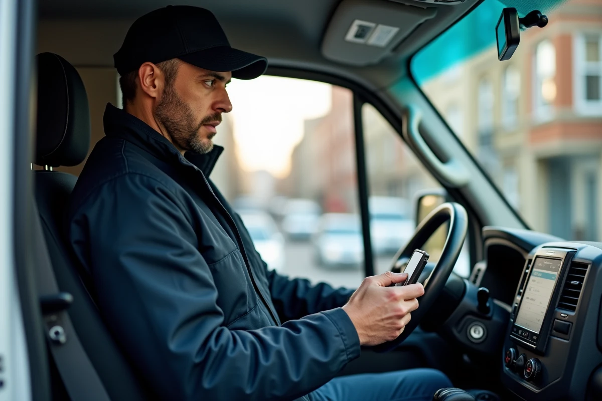 Livreur consultant une notification d'avisage numérique sur smartphone dans sa camionnette de livraison en milieu urbain