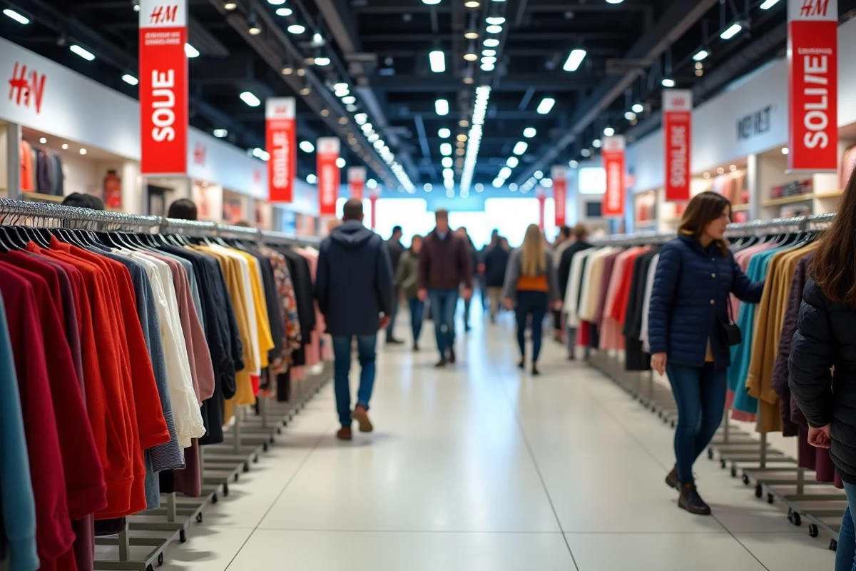 Intérieur d'un magasin H&M avec des portants de vêtements et des affiches de soldes, clients en train de faire du shopping
