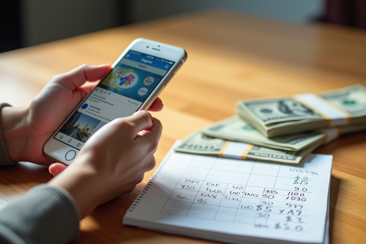 Mains tenant smartphone avec profil Instagram et calculs financiers