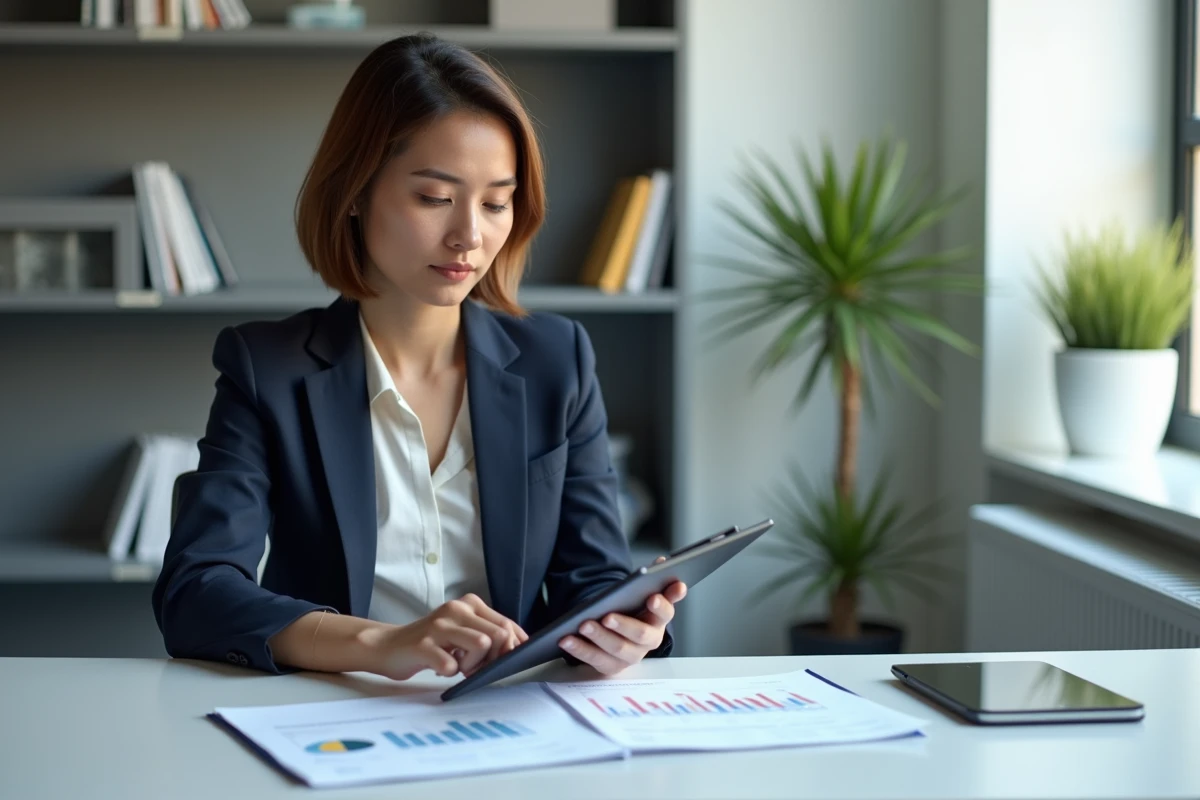 Femme manager en blazer marine analysant des rapports de performance et des tableaux de bord business sur tablette dans un bureau exécutif