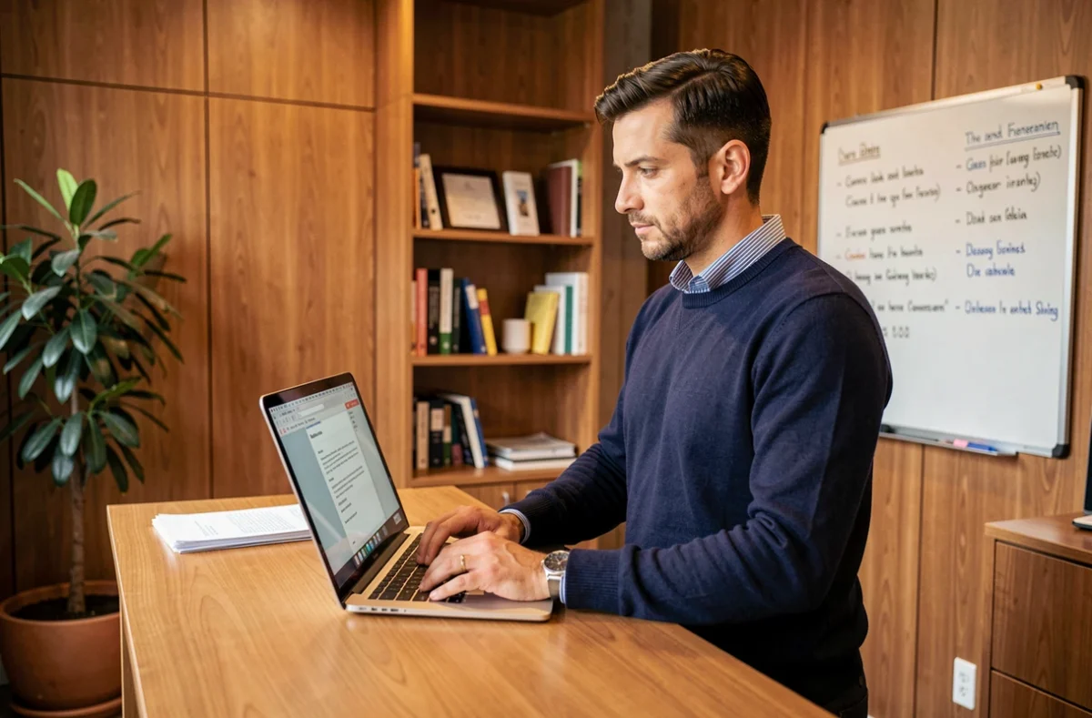 Manager masculin rédigeant une note de service sur ordinateur portable dans un bureau privé bien organisé