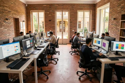 Vue d'ensemble d'une agence de création de sites internet dans le Gard avec designers au travail sur des écrans affichant des maquettes web