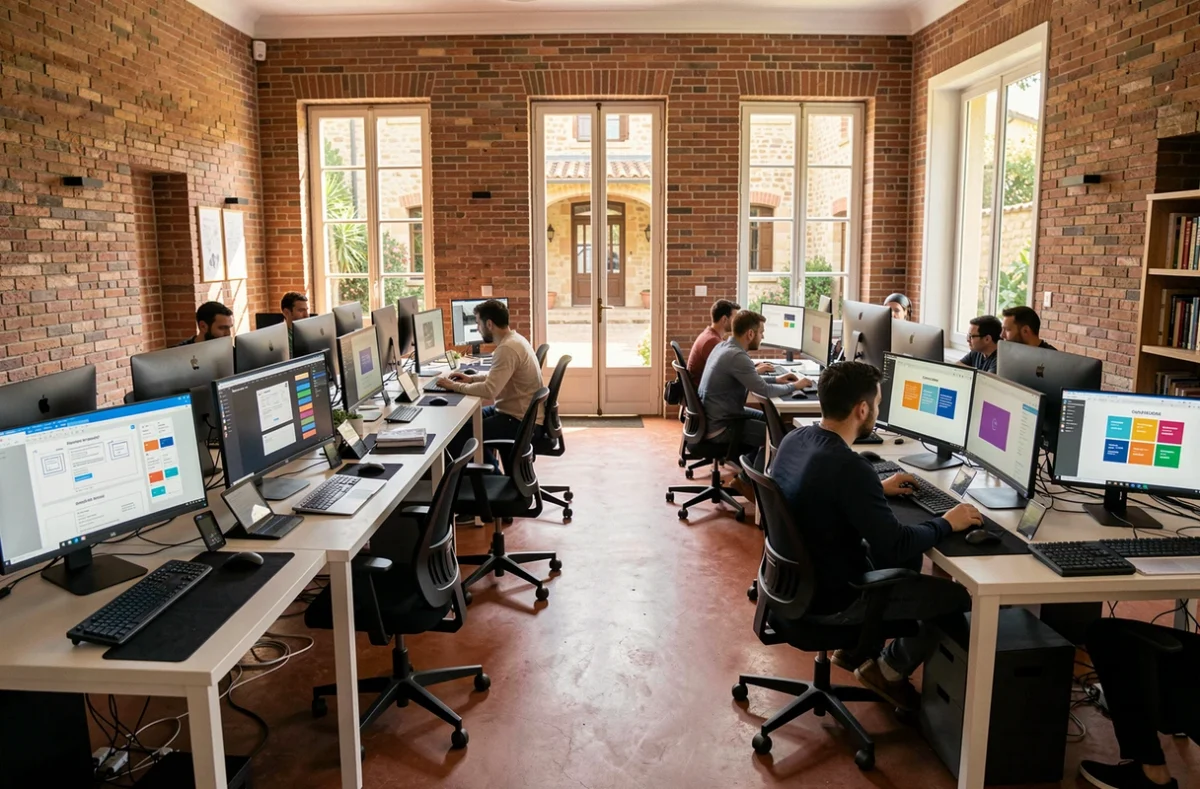 Vue d'ensemble d'une agence de création de sites internet dans le Gard avec designers au travail sur des écrans affichant des maquettes web