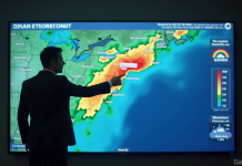 Météorologue devant une carte météo numérique colorée