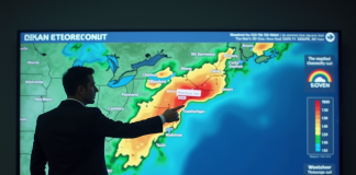 Météorologue devant une carte météo numérique colorée
