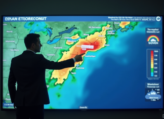 Météorologue devant une carte météo numérique colorée