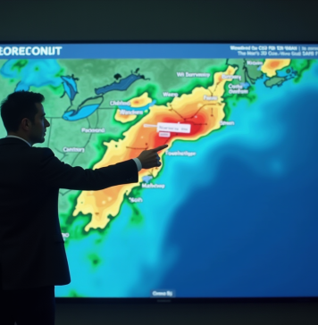 Météorologue devant une carte météo numérique colorée