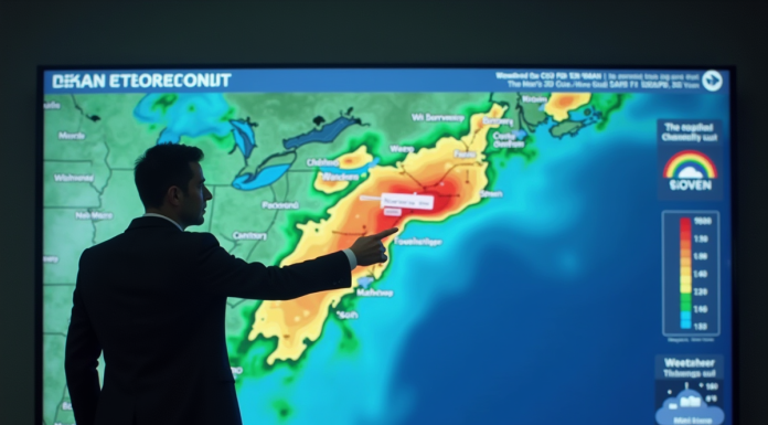 Météorologue devant une carte météo numérique colorée