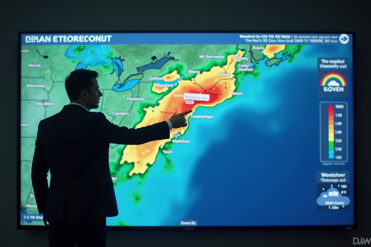 Météorologue devant une carte météo numérique colorée