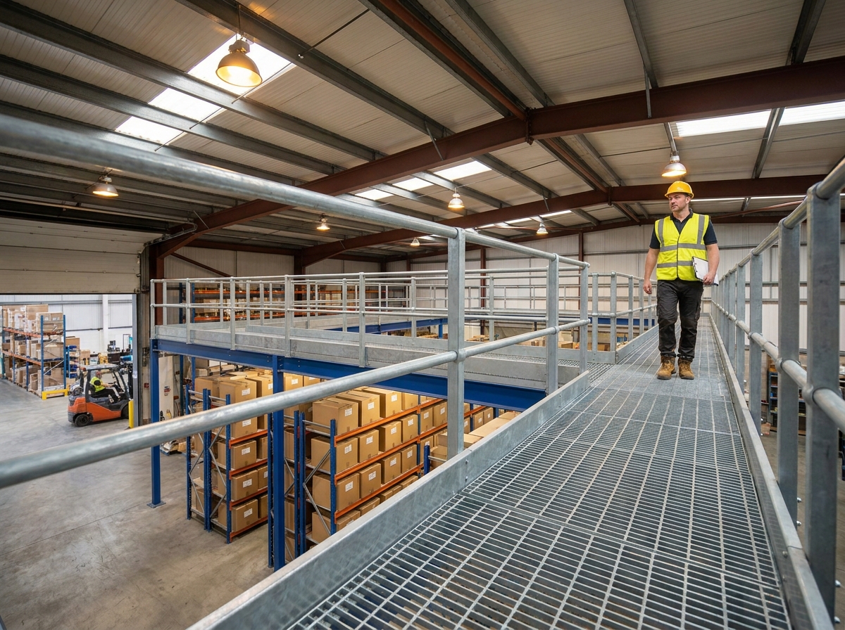 Mezzanine industrielle en acier dans un entrepôt professionnel avec rangements organisés sur deux niveaux